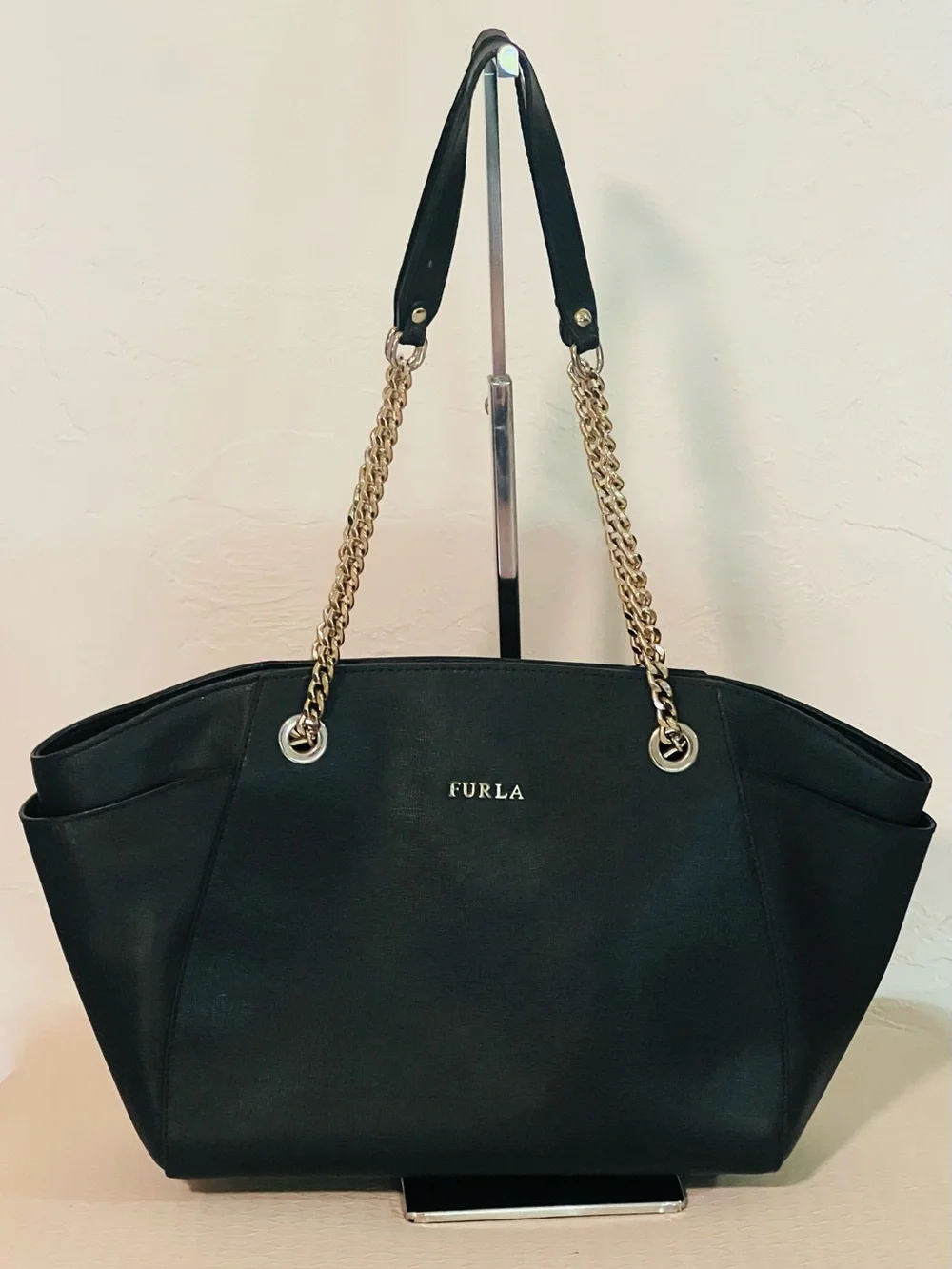 Furla Black Saffiano Leather Julia Tulip Tote with Gold Chain Straps